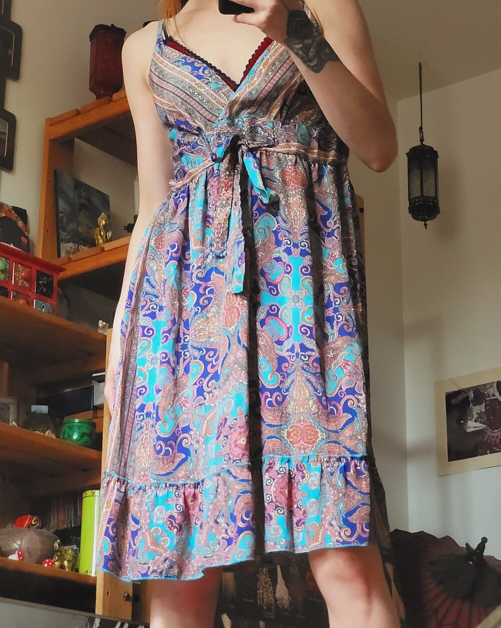 Boho 80% Art Silk Sleeveless Paisley Midi Dress in Teal & Blue - Size M